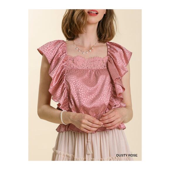 UMGEE Satin Animal Jacquard Print Lace Neck Back Tie Ruffle Top Dusty Rose S - Picture 5 of 6